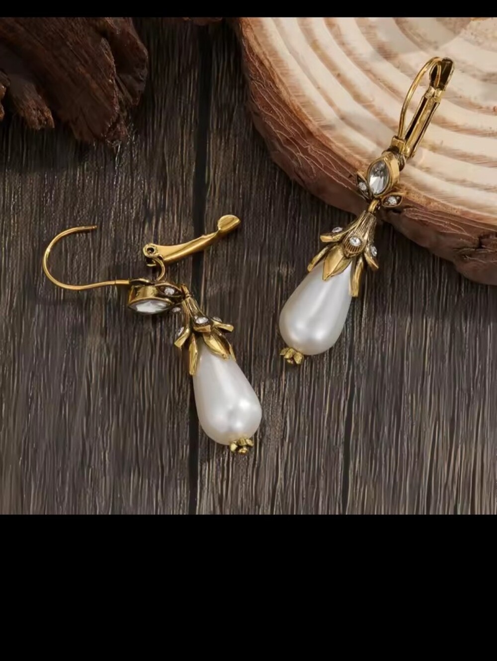 Gold Pearl Drop Earrings with Crystal Accents Women's Jewelry Dangle New G26 - Picture 2 of 4
